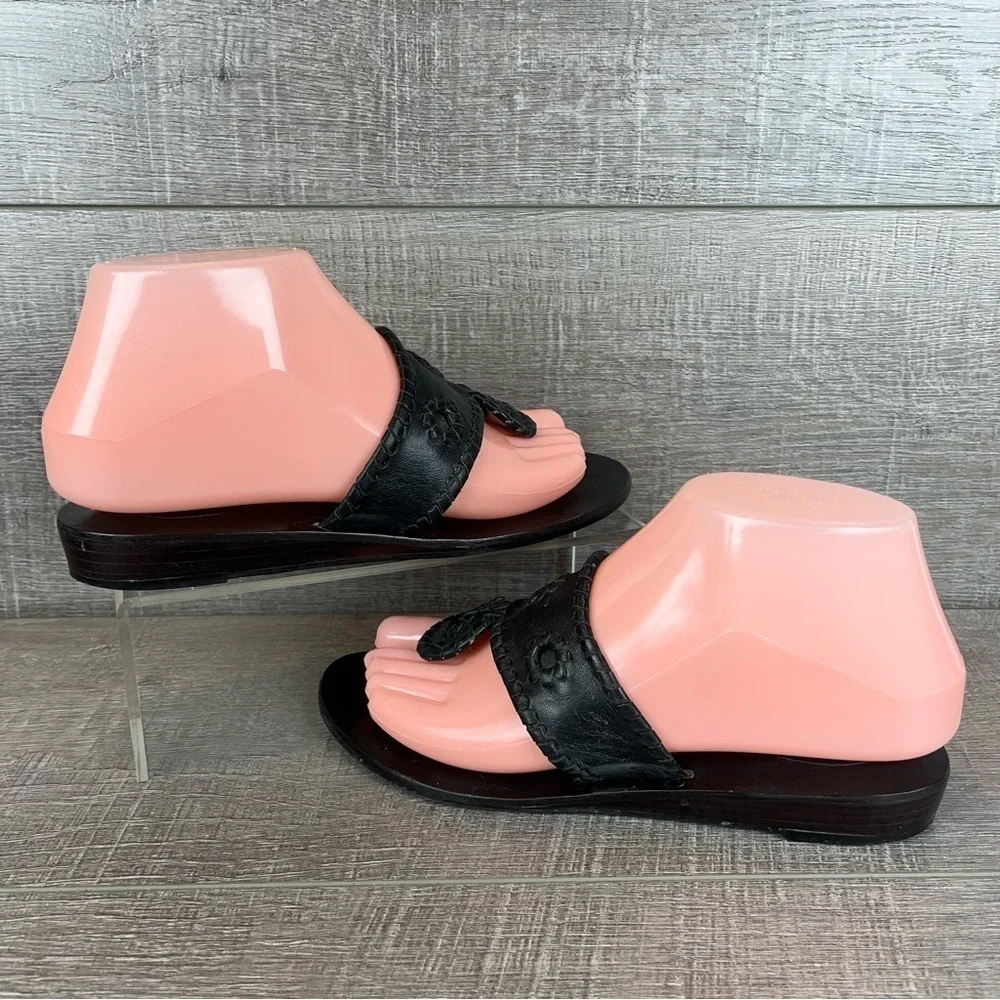 Jack Rogers sz 6 black leather whipstitch wedge flip flop sandals